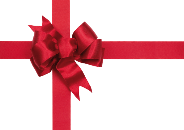 A red ribbon with a large bow on a white background.
